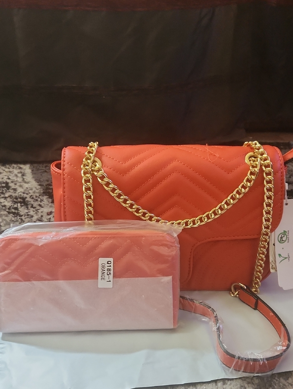 Orange Quilted Crossbody Bag with Gold Chain Strap and Matching Wallet